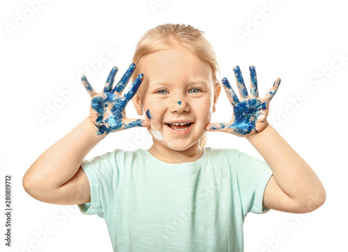 Funny little girl with hand...