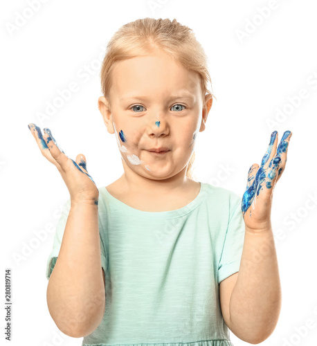 Funny little girl with hand...