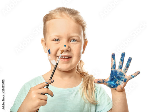 Funny little girl with hand...