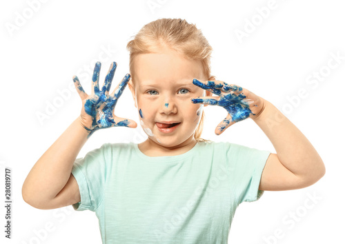Funny little girl with hand...