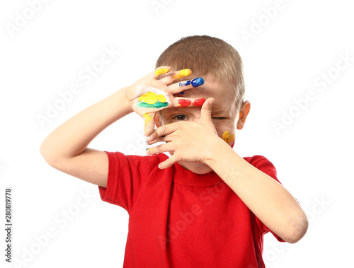 Funny little boy with hands...