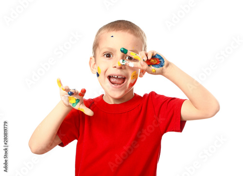 Funny little boy with hands...