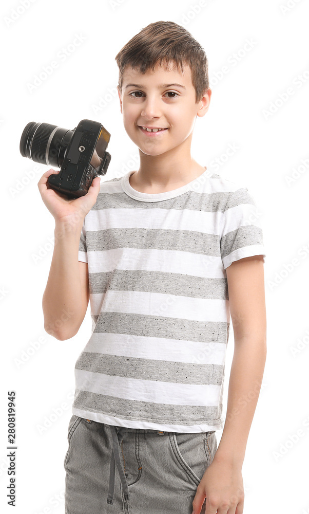 Cute little photographer on white background Cute little photographer on white background