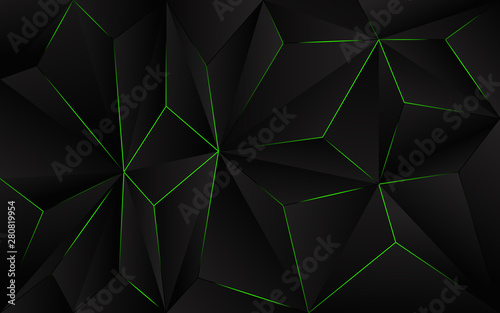 Abstract futuristic background black polygon vector design with green light line. Dark triangle composition technology modern concept for use element cover, banner, poster, web, brochure, flyer
