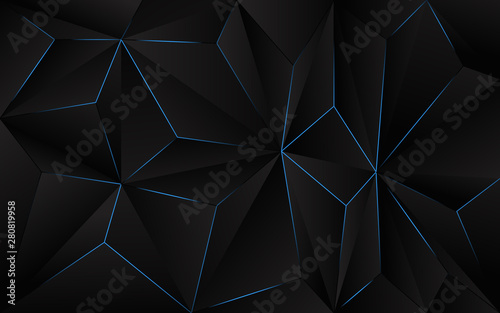 Abstract futuristic background black polygon vector design with blue light line. Dark triangle composition technology modern concept for use element cover, banner, poster, web, brochure, flyer