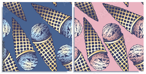 Vector set of seamless patterns with wonderful colorful ice cream, flavor of Blue Curacao and strawberry, hand-drawn in graphic and real-style at the same time. Delicate color: blue, pink. Retro style