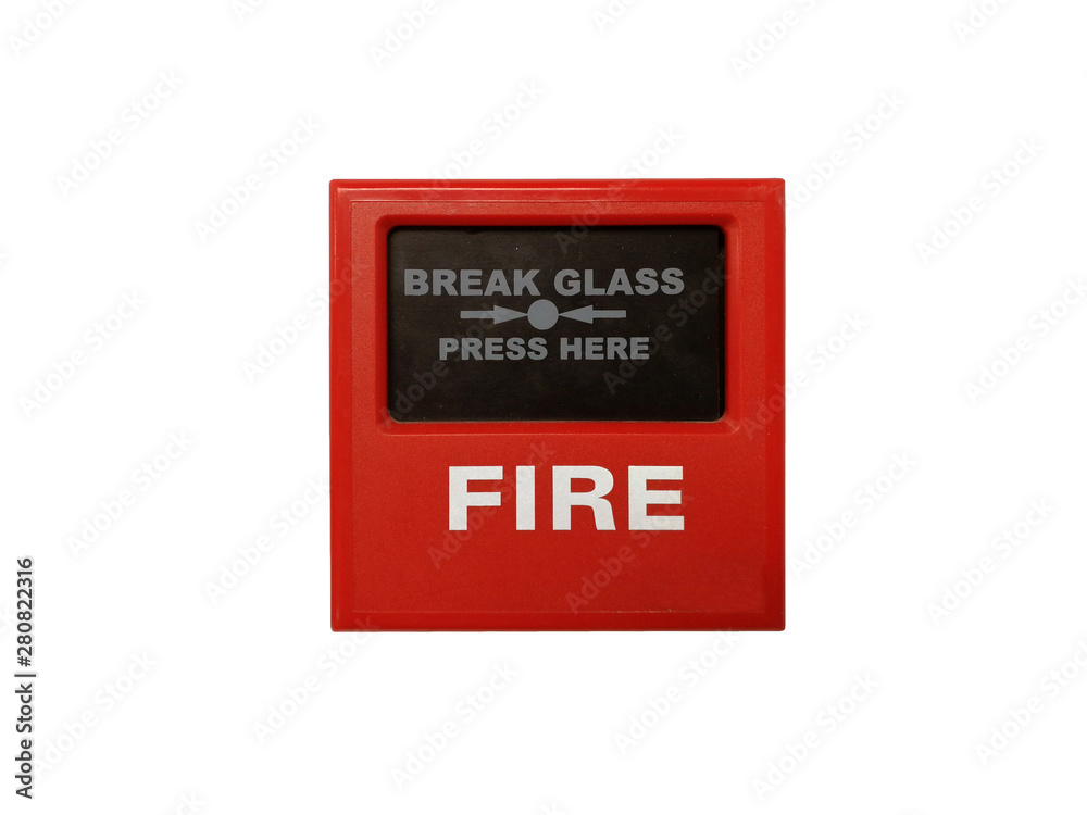 Red Fire Break Glass with Press here word Isolated on white background with Clipping path