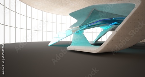 Abstract architectural wood and glass smooth interior of a minimalist house. 3D illustration and rendering.