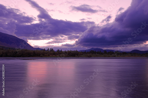 August evening on the Sob river. Polar Ural, Russia