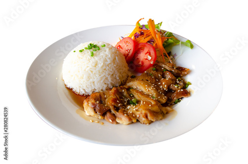 chicken teriyaki with rice on white dish ,isolate background,Clipping path.