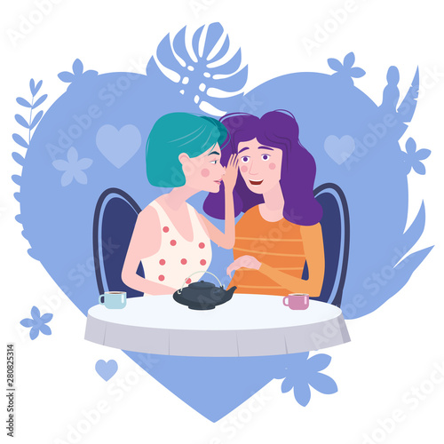 Woman whispering gossip, surprised, says rumors to other female character. Gossiping secret woman flat vector illustration.