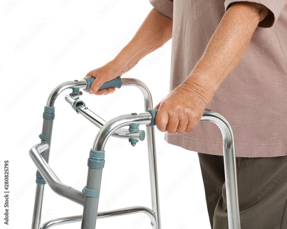 Elderly woman using walking frame isolated on white, closeup