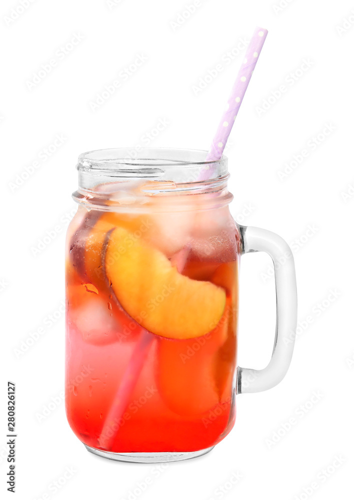 Delicious refreshing peach cocktail in mason jar on white background Delicious refreshing peach cocktail in mason jar on white background