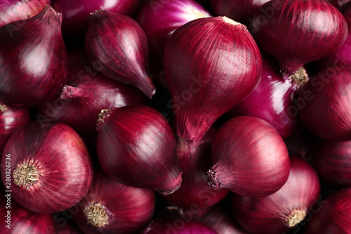 Cuadro en lienzo Bright red ripe onions as background, top view