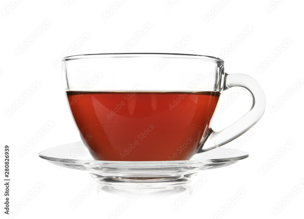 Glass cup of tea and saucer on white background Glass cup of tea and saucer on white background