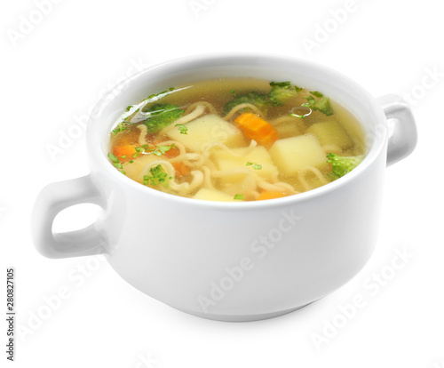 Dish of fresh homemade vegetable soup on white background
