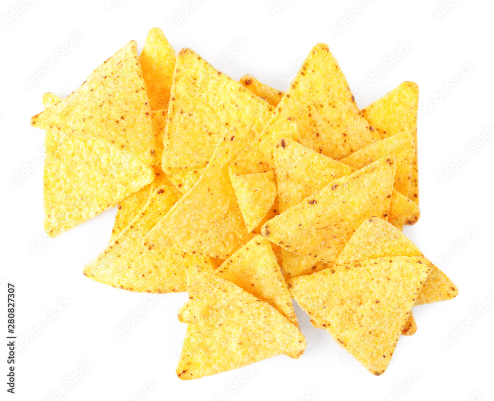 Pile of tasty Mexican nachos chips on white background, top view