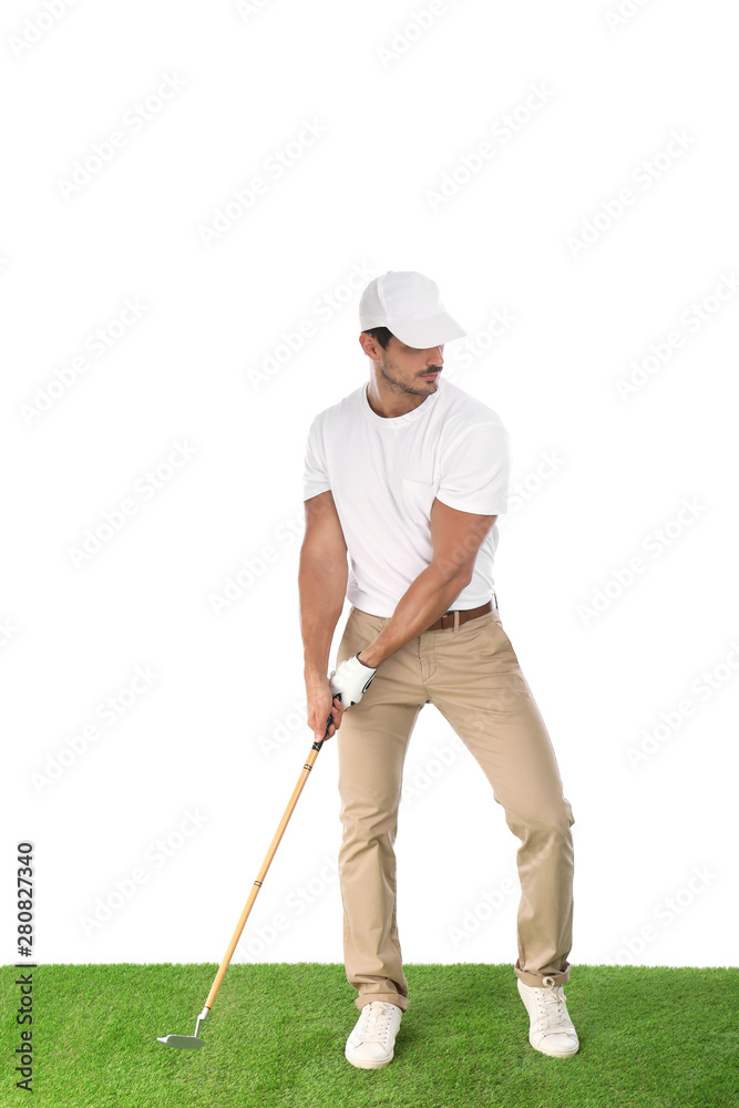 Young man playing golf on white background