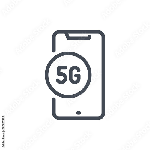 Smartphone with 5G connection line icon. Vector outline sign.