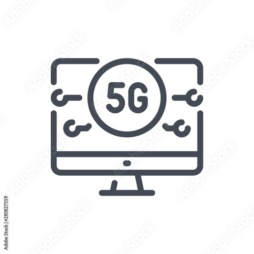 Computer with 5G network line icon. Vector outline sign.