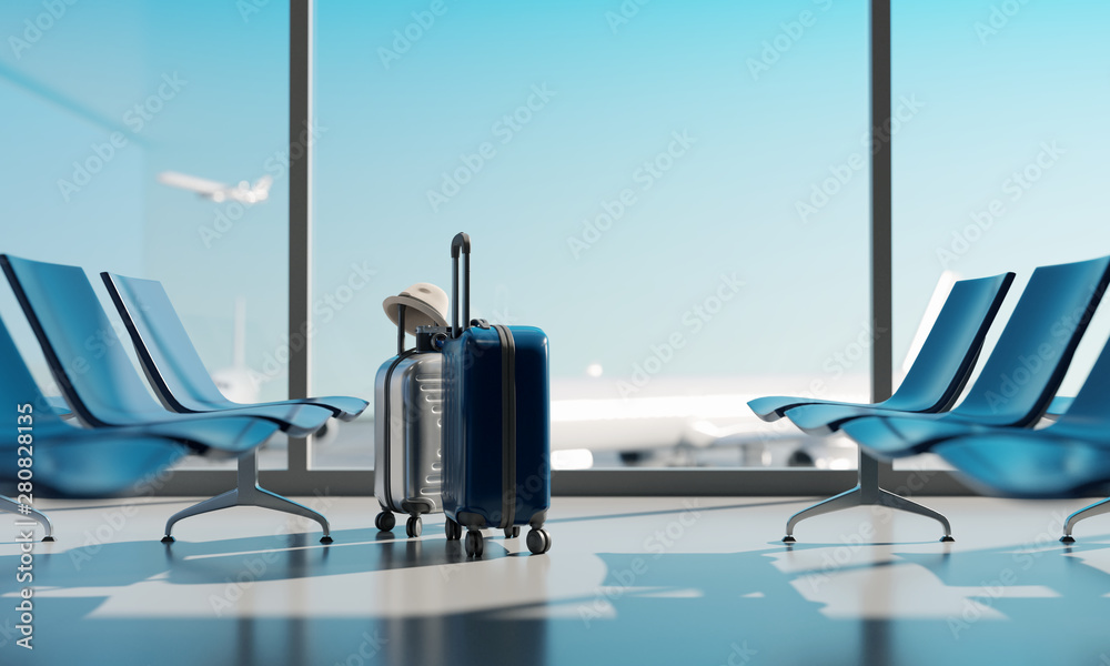 Suitcases in airport. Travel concept. 3d rendering - obrazy, fototapety, plakaty 