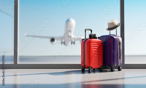 Suitcases in airport. Travel concept. 3d rendering photo