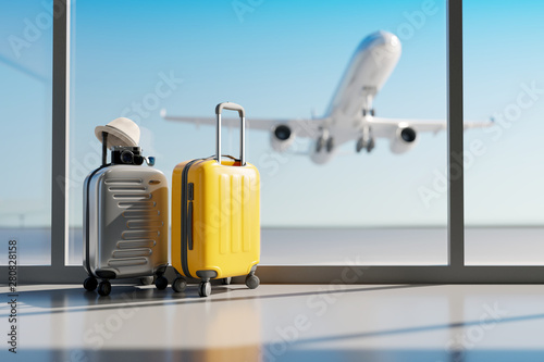 Fototapeta Suitcases in airport. Travel concept. 3d rendering