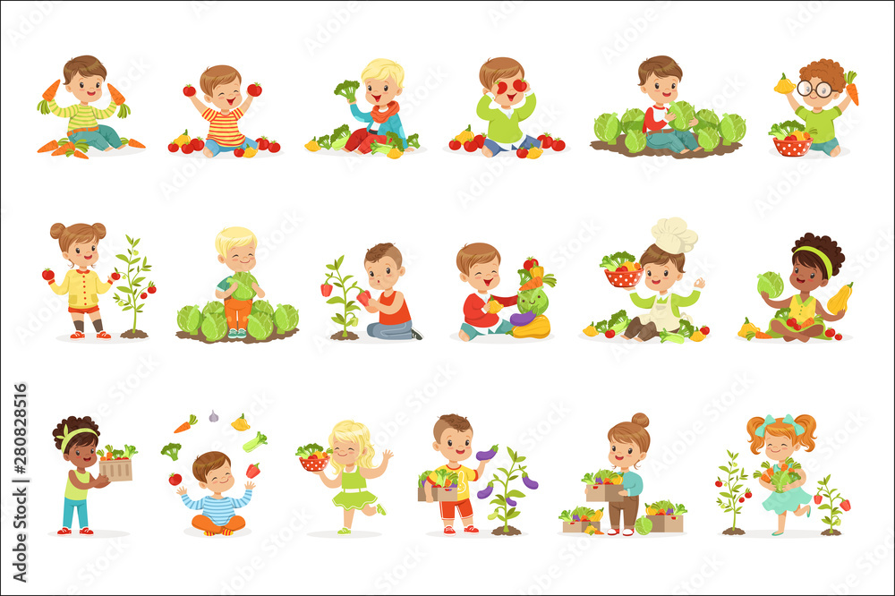Little children having fun and playing with vegetables, set for label design. Cartoon detailed colorful Illustrations Little children having fun and playing with vegetables, set for label design. Cartoon detailed colorful Illustrations