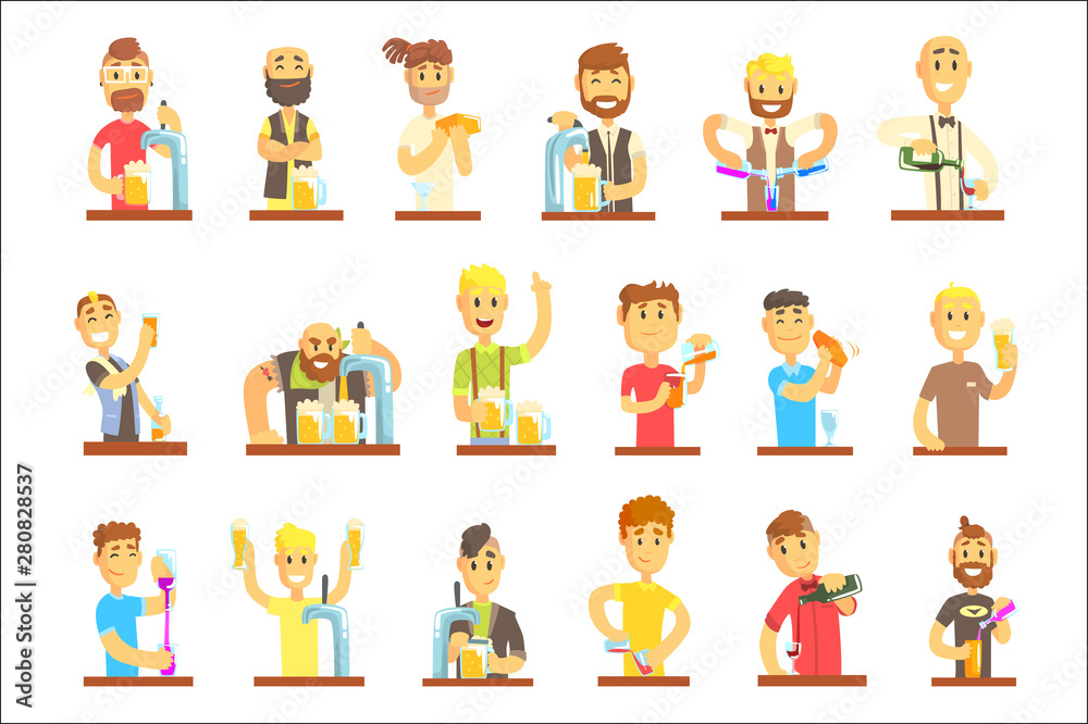 Barman mixing, pouring, opening and garnishing alcohol drinks set for label design. Colorful cartoon detailed vector Illustrations Barman mixing, pouring, opening and garnishing alcohol drinks set for label design. Colorful cartoon detailed vector Illustrations