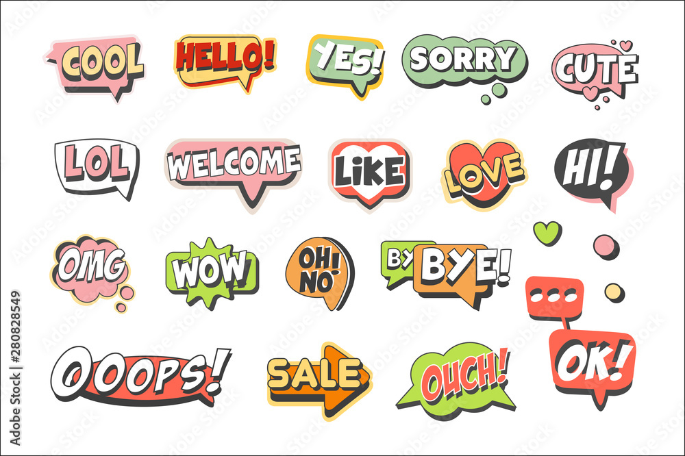 Trendy speech bubbles set for label design. Speech bubbles with short messages. Colorful cartoon detailed Illustrations