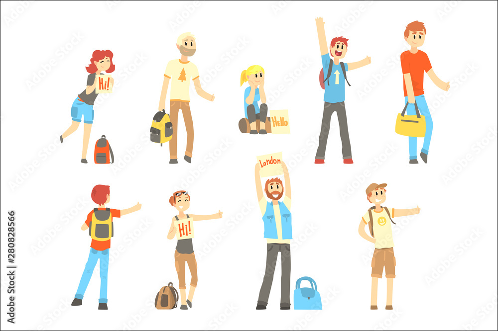 Hitchhiker standing with backpack and bag, set for label design. Cartoon detailed colorful Illustrations