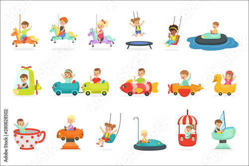 Fototapeta Naklejka Na Ścianę i Meble -  Children having fun in an amusement park, set for label design. Cartoon detailed colorful Illustrations