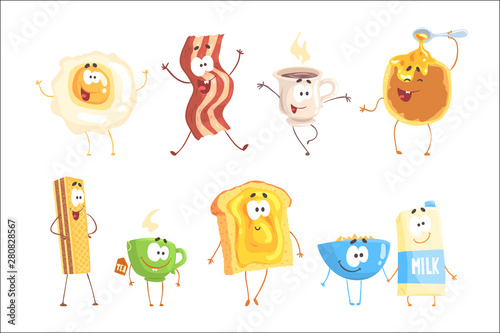 Funny fast food, set for label design. Breakfast products standing and smiling. Cartoon detailed Illustrations