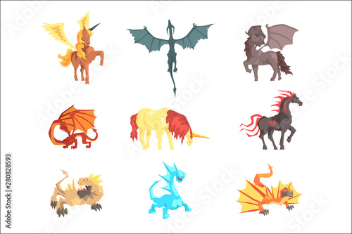 Mythical and fantastic creatures  set for label design. Cartoon detailed Illustrations