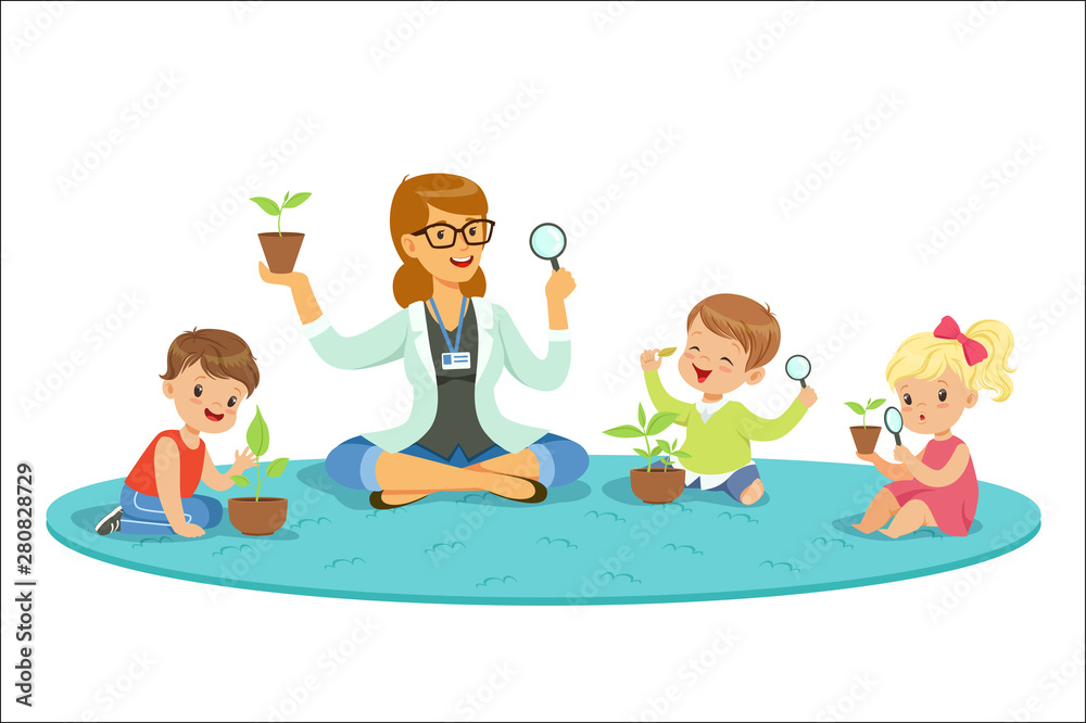 Teacher with kids learning about plants during biology lesson. Cartoon detailed colorful Illustrations isolated on white background Teacher with kids learning about plants during biology lesson. Cartoon detailed colorful Illustrations isolated on white background