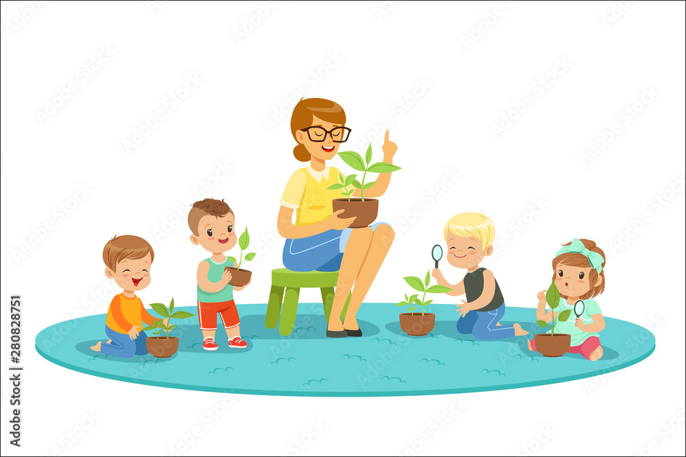 Biology lesson in kindergarten, children looking at plant seedlings. Cartoon detailed colorful Illustrations isolated on white background Biology lesson in kindergarten, children looking at plant seedlings. Cartoon detailed colorful Illustrations isolated on white background