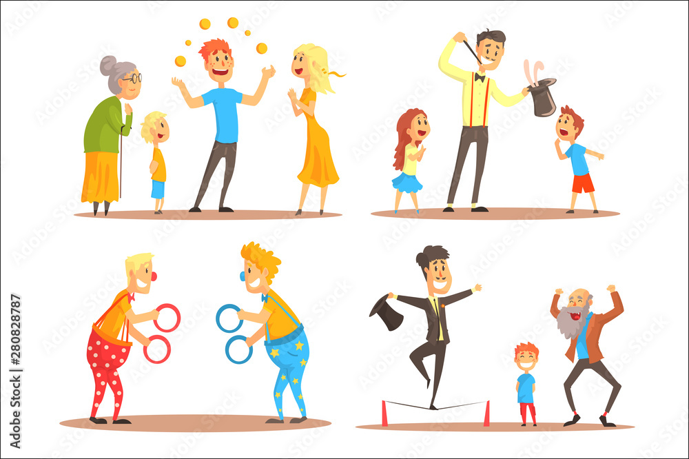 Young man juggling with oranges before his family. Clowns juggling with rings on a circus show. Circus or street actors set of colorful cartoon detailed vector Illustrations