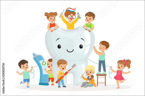 Little children take care of and clean a large, smiling tooth. Colorful cartoon characters