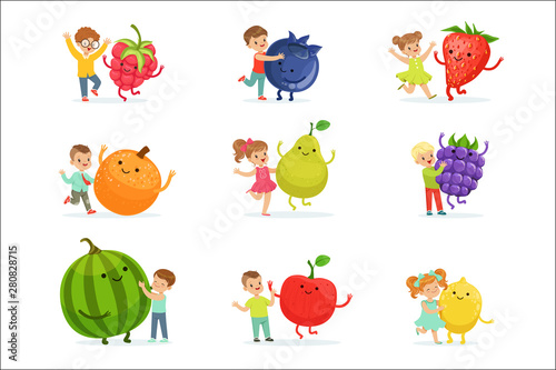 Cute little children having fun and playing with big fruits, set for label design. Colorful cartoon characters detailed vector Illustrations