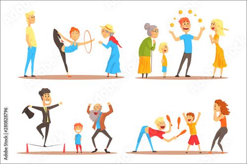 Rope walker and magician performing before happy people. Circus or street actors set of colorful cartoon detailed vector Illustrations