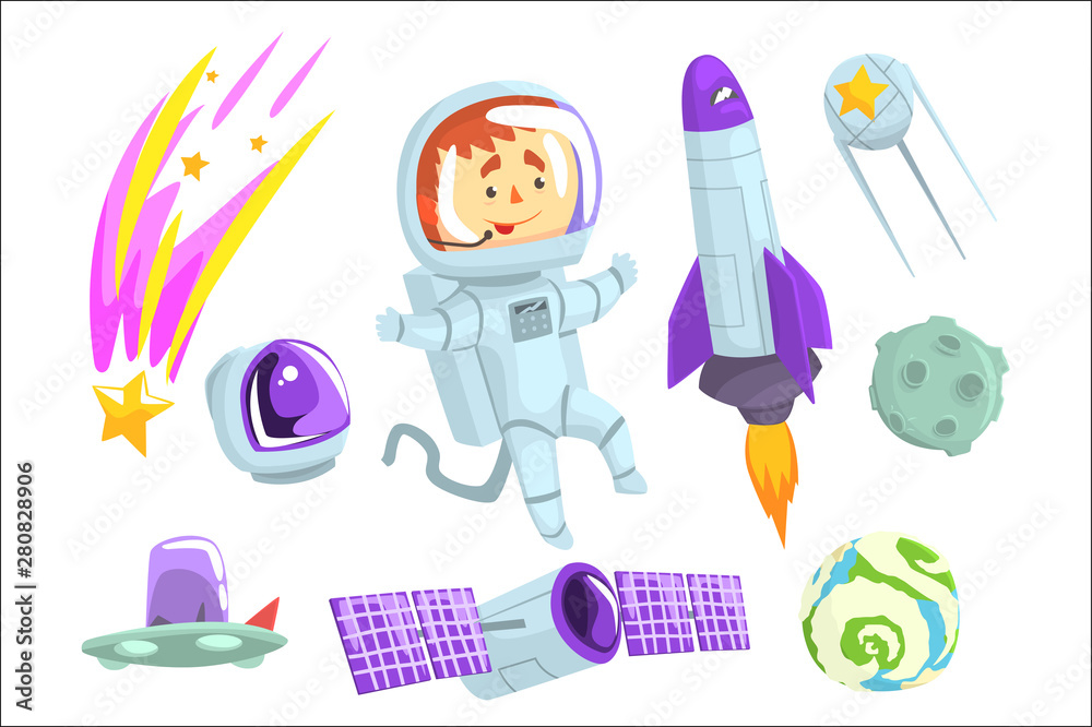 Astronauts in space, set for label design. Cosmos exploration colorful cartoon detailed Illustrations Astronauts in space, set for label design. Cosmos exploration colorful cartoon detailed Illustrations