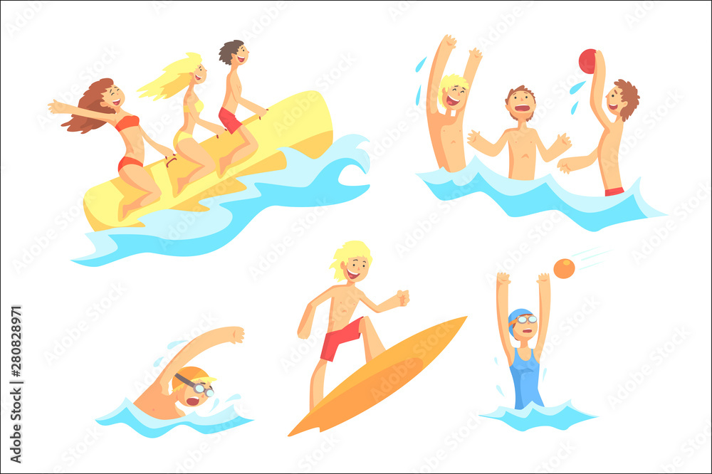 People On Summer Vacation At The Sea Playing And Having Fun With Water Sports On The Beach Series Of Illustrations