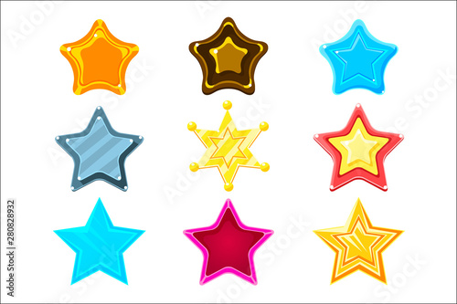 Five-Point Colorful Cartoon Star Set For Flash Video Game Rewards , Bonuses And Stickers