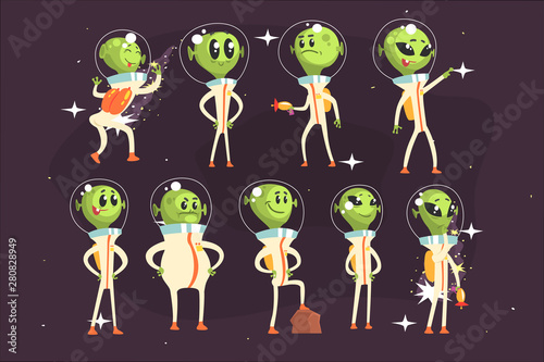 Cute Aliens In Space Suits, Spaceship Crew Of Little Green Men Funny Cartoon Characters In White Outfit