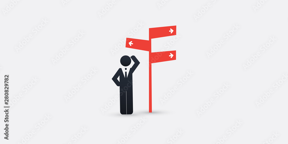 Business Decision Design Concept - Businessman Standing in Front of a Road Sign - Eps10 Vector Illustration Business Decision Design Concept - Businessman Standing in Front of a Road Sign - Eps10 Vector Illustration