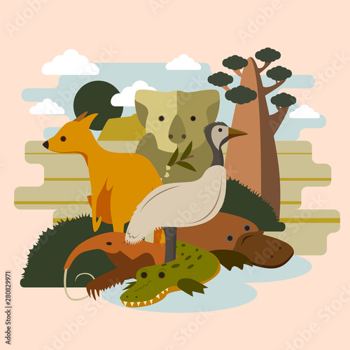 Australia. Animals: Kangaroo, anteater, ostrich, platypus, koalla, crocodile. Vector illustration