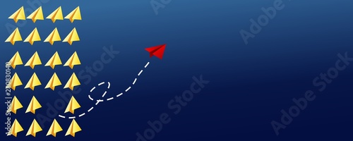 leadership or different concept with red and yellow paper airplane on blue background. Digital craft in education or travel concept. Mock up design. abstract illustration