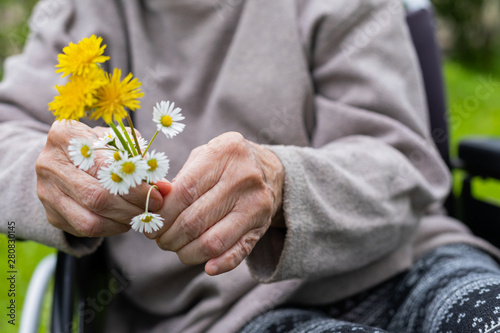 Fototapeta Naklejka Na Ścianę i Meble -  Elderly shaking hands holding flowers