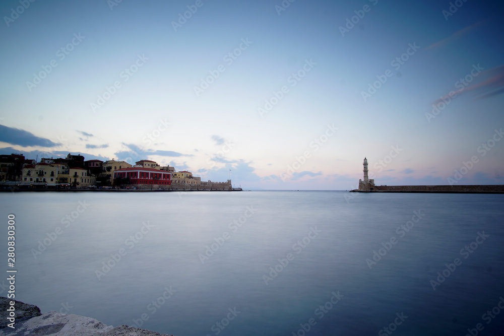 Chania, Greece October 01 2018 Panoramic view at evening of the entrance to the Venetian harbor