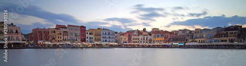 Crete, October 01 2018 Panoramic view at evening of the historic city center from the inland sea at the port